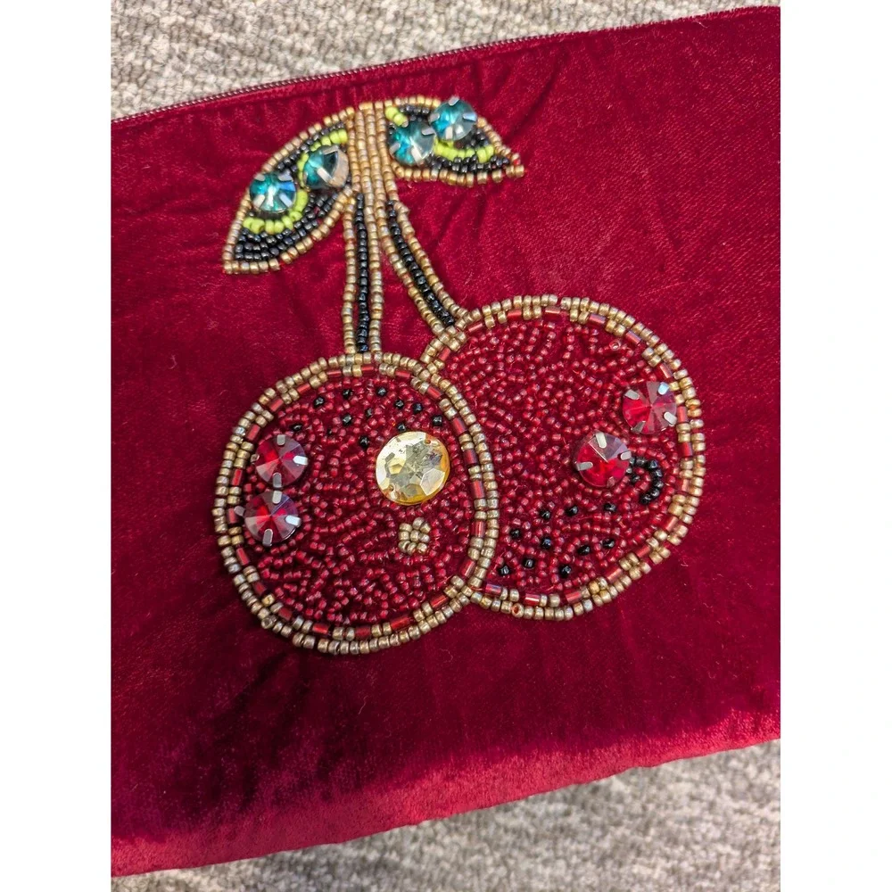 Burgundy Velvet Beaded Cherry‎ Pouch Tassel Zip Clutch Bag Red NEW